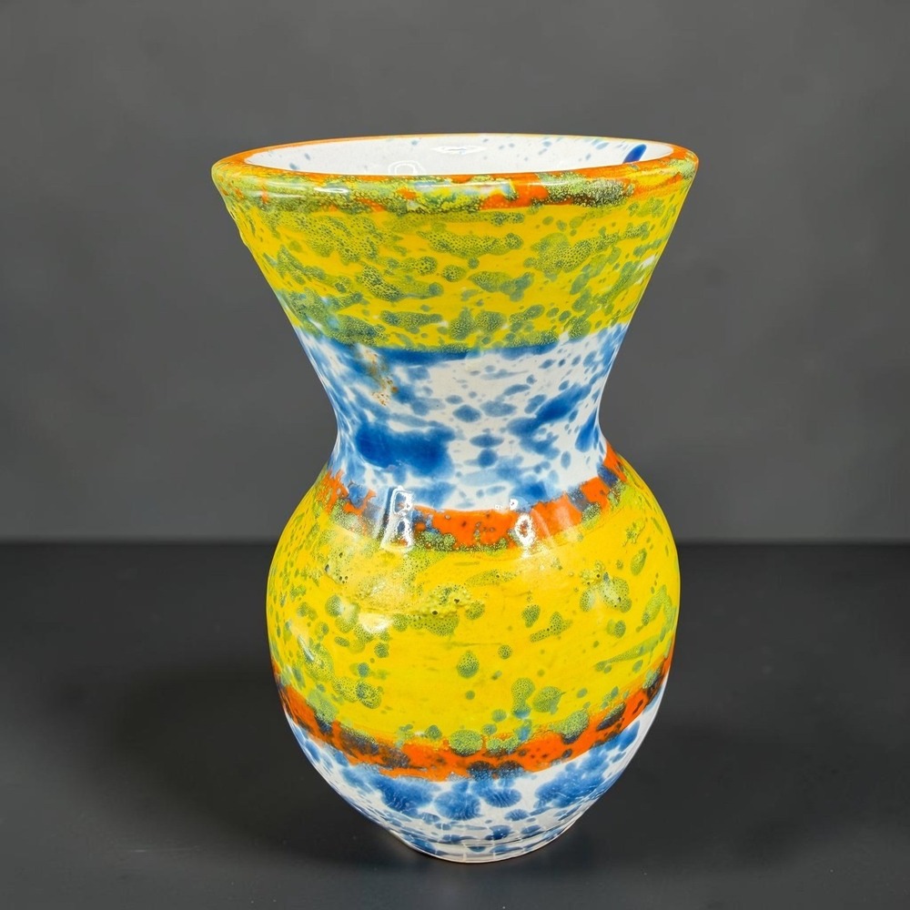 Vintage Italian Pottery Bud Vase Splatter Glaze Yellow Blue Orange 4 Inch MCM